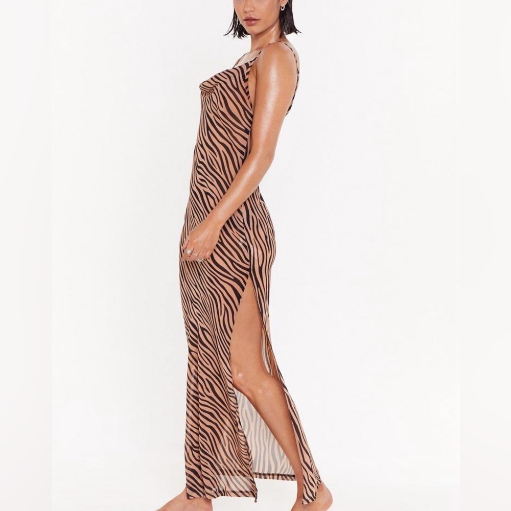 Nasty Gal Zebra Print Cowl Neck Swim Coverup 6 Brown Black Side Slit Maxi